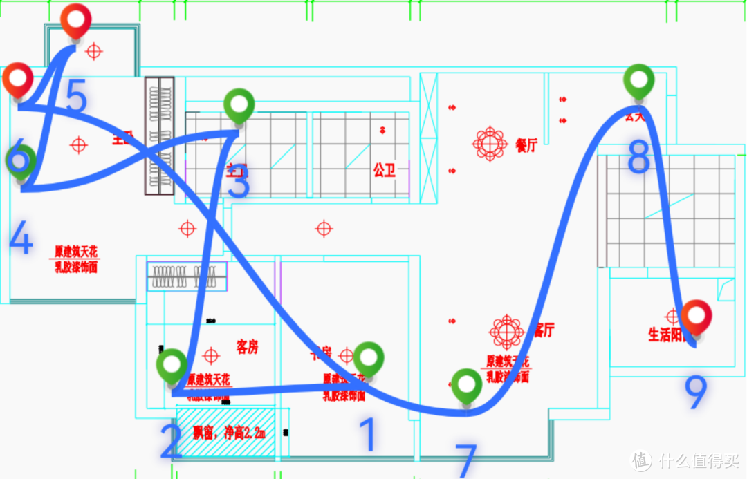 全室5G信号测试:1号阵地的路由器,可见地点5、6和9,由多个墙块造成5G信号变异。