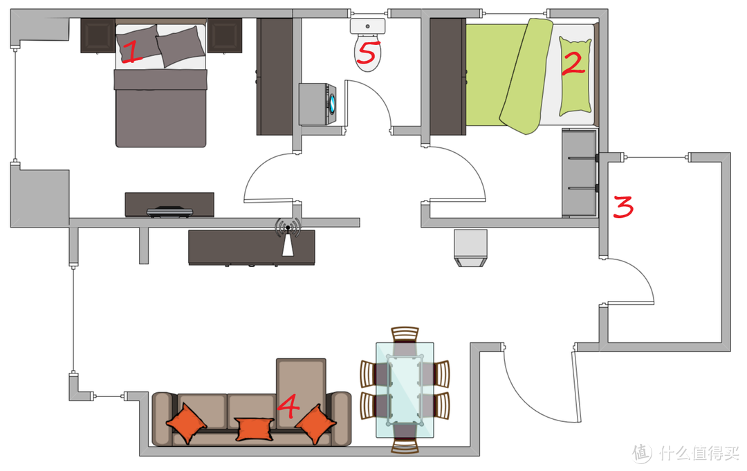 有一个主卧室、三个厨房、四个客厅和五个浴室,客厅电视桌上有路由器。