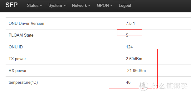 5注册正常，可以看到收发光功率和模块温度