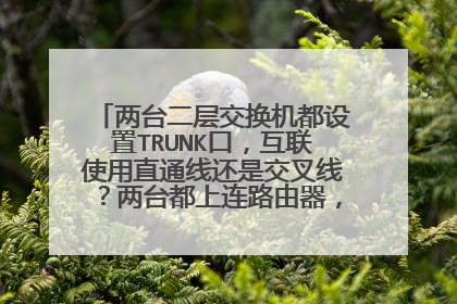 两台二层交换机都设置TRUNK口,互联使用直通线还是交叉线?两台都上连路由器,路由器端口怎么设置?IP怎么