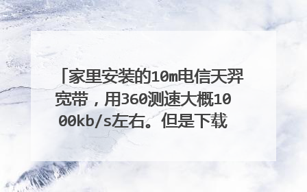 家里安装的10m电信天羿宽带，用360测速大概1000kb/s左右。但是下载东西时最大速度也才50
